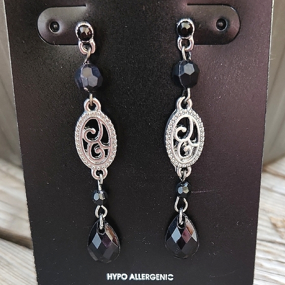 George Womens Earrings 5 Pc Set Dangle Studs with Silver Black Tones Rhinestones - Picture 5 of 10